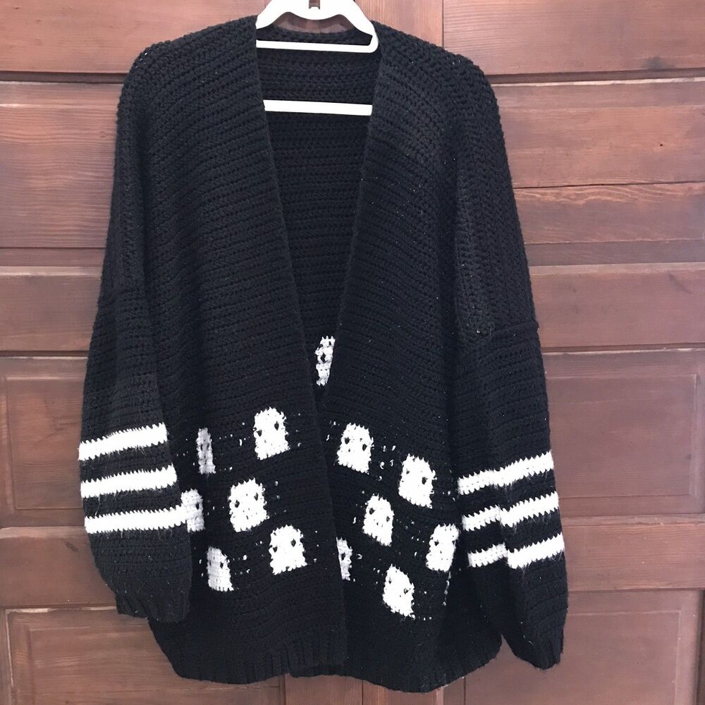 Handmade Black Ghost Cardigan Sweater Women’s XL Oversized Ghost Front